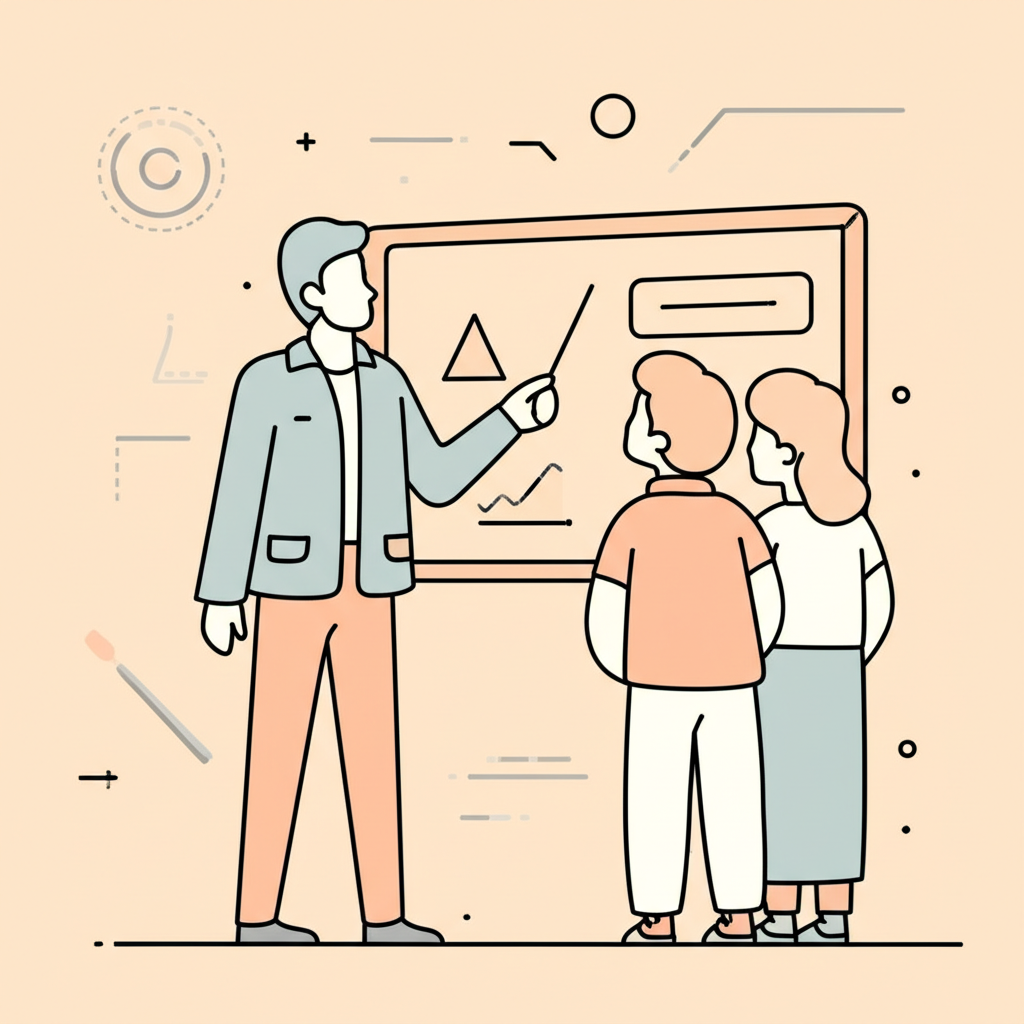 Minimalist illustration of a mentor guiding students