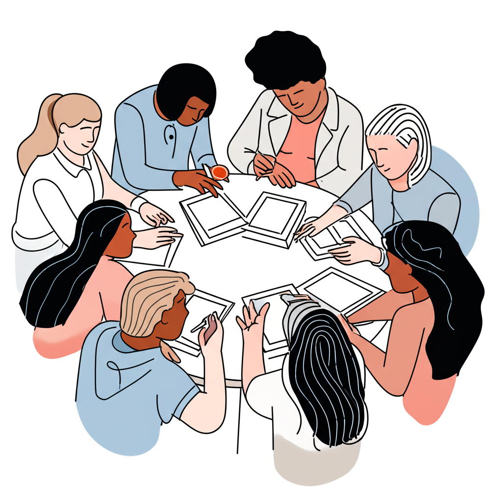 Minimalist illustration of students and volunteers collaborating on a project